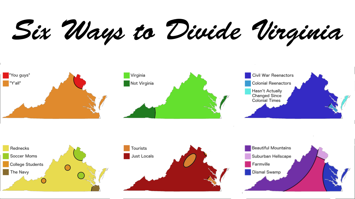 Divide way. To Divide. Six-way. Dividing ways. Roanoke Virginia on the Map of the USA.