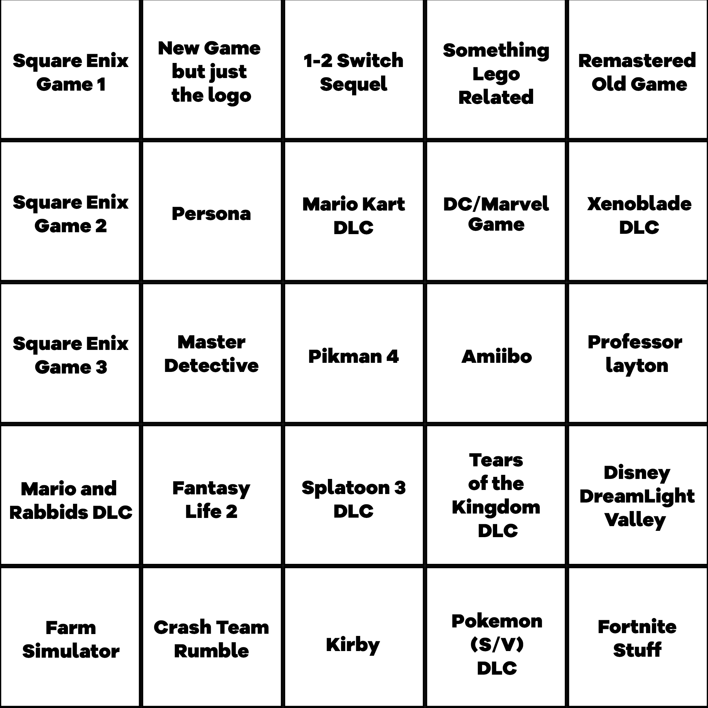 Nintendo Direct Predictions Bingo