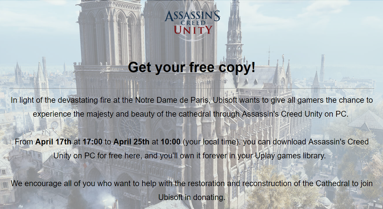 Free Ac Unity In Light Of Notre Dame Fire