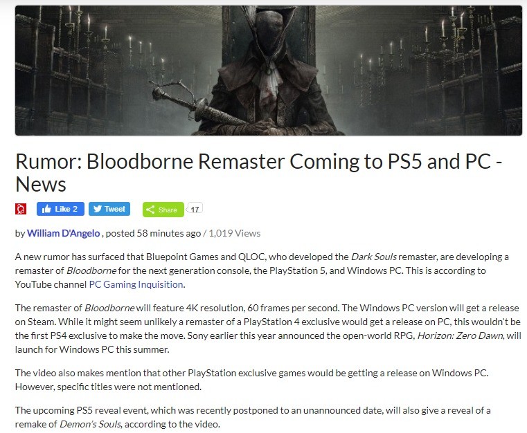 Bloodborne Remaster and Demon's Souls Remake Rumoured for PS5