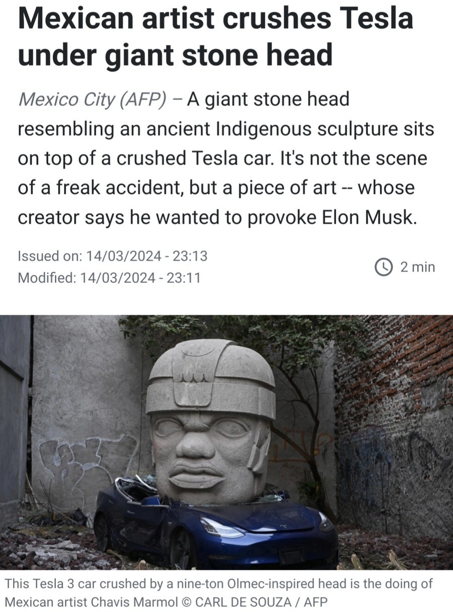 Mexican artist crushes Tesla under giant stone head