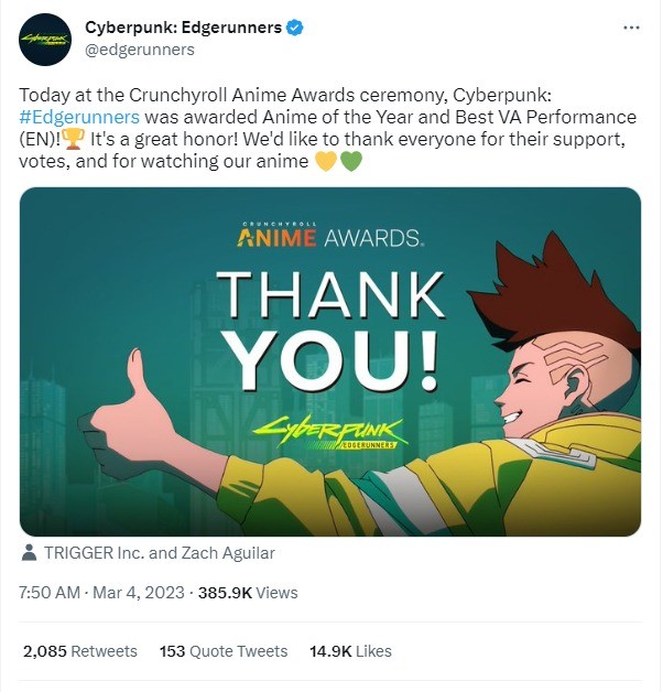 Cyberpunk: Edgerunners é eleito o Anime do Ano pela Crunchyroll 