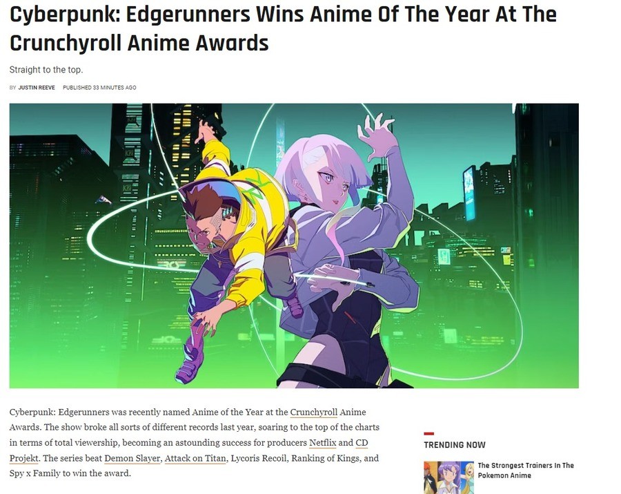 Cyberpunk: Edgerunners' Wins Anime of the Year at Crunchyroll Anime Awards