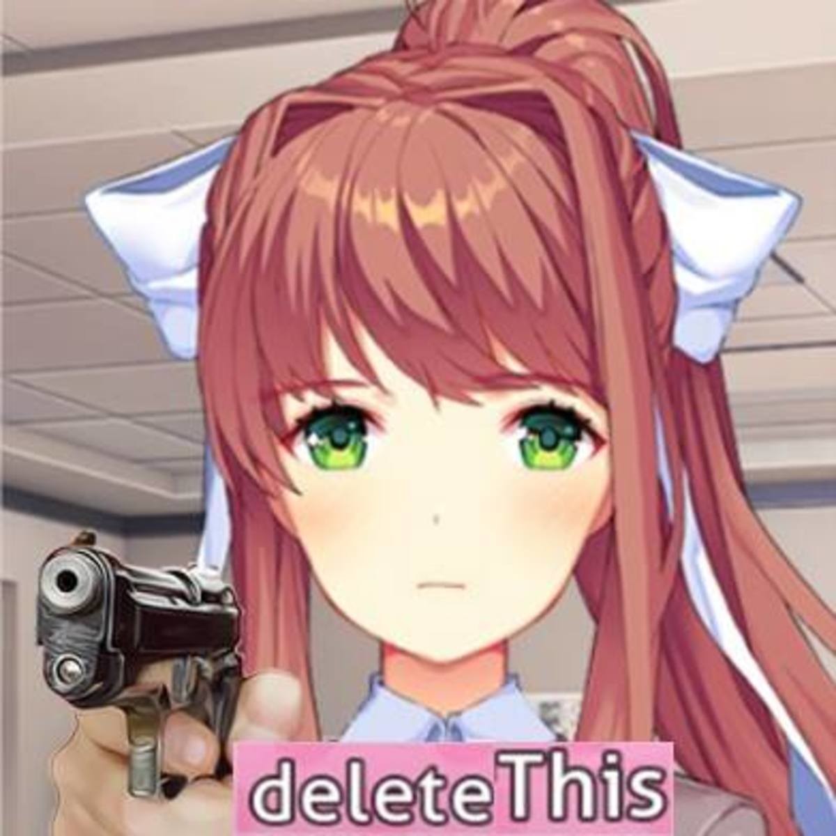 Delete this. DDLC Моника delete. Моника с пистолетом доки доки. Моника ДДЛК deleted. Моника с пистолетом.