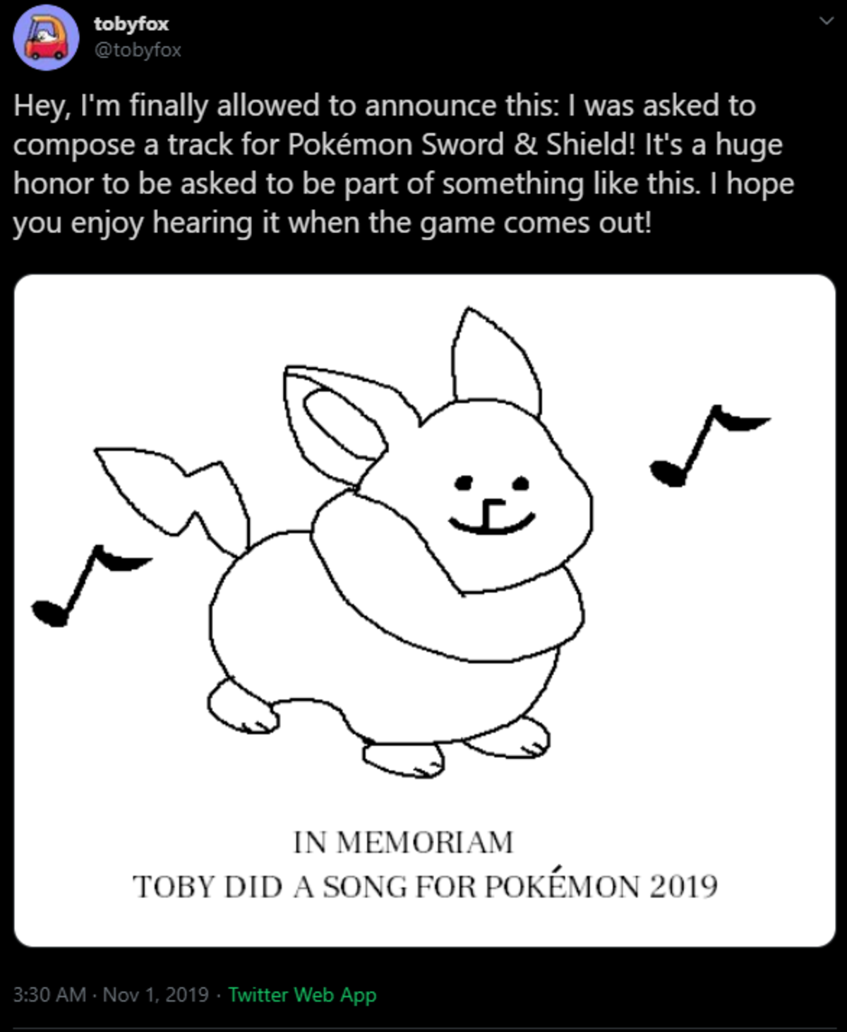 tobyfox on X: Hey, I'm finally allowed to announce this: I was asked to  compose a track for Pokémon Sword & Shield! It's a huge honor to be asked  to be part