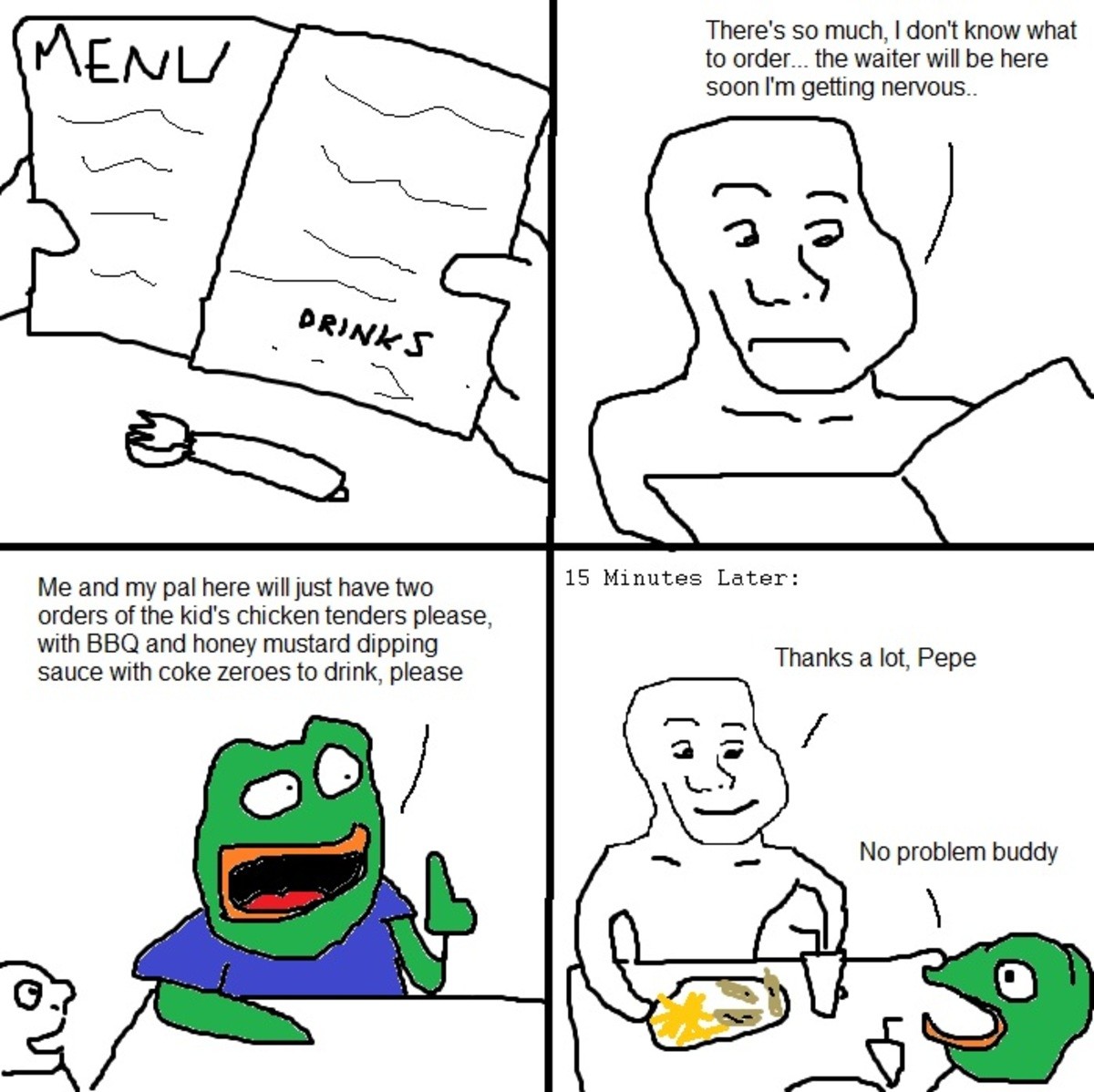 wholesome pepe and wojak dinner.