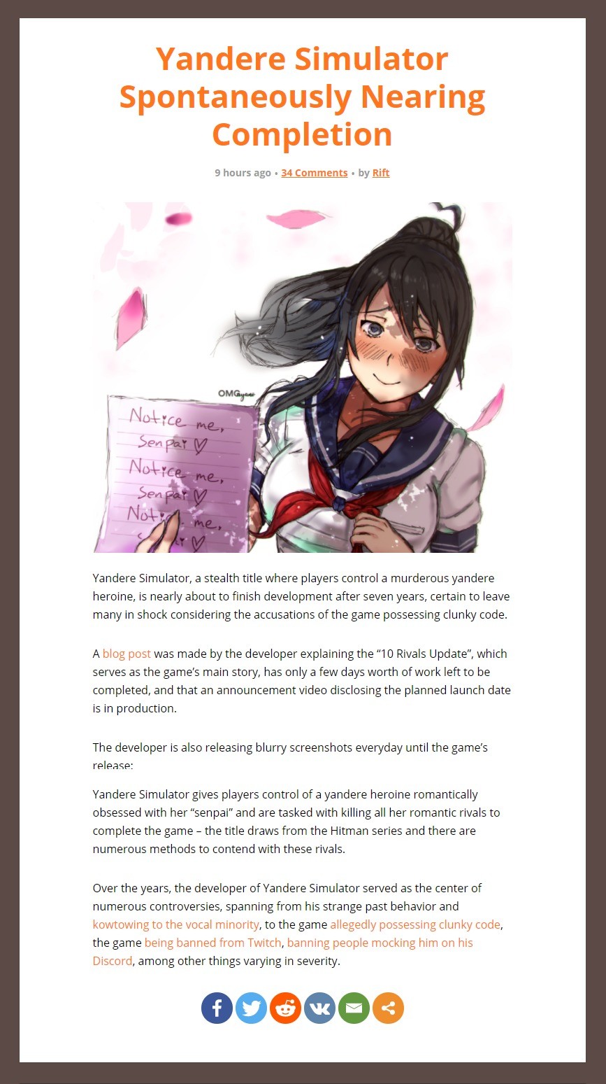 Yandere Simulator Nearing Completion