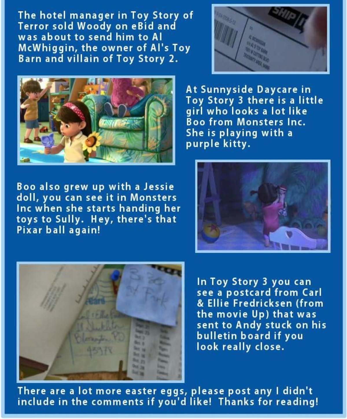 In Toy Story 3, one of the girls at the Sunnyside Daycare is a slightly  older Boo from Monsters, Inc.